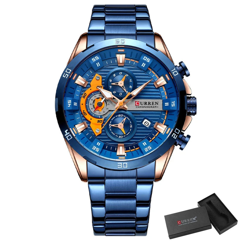 Relógio Masculino Elegante Curren Com Pulseira de Aço Azul Aço Inox Premium - Zellum