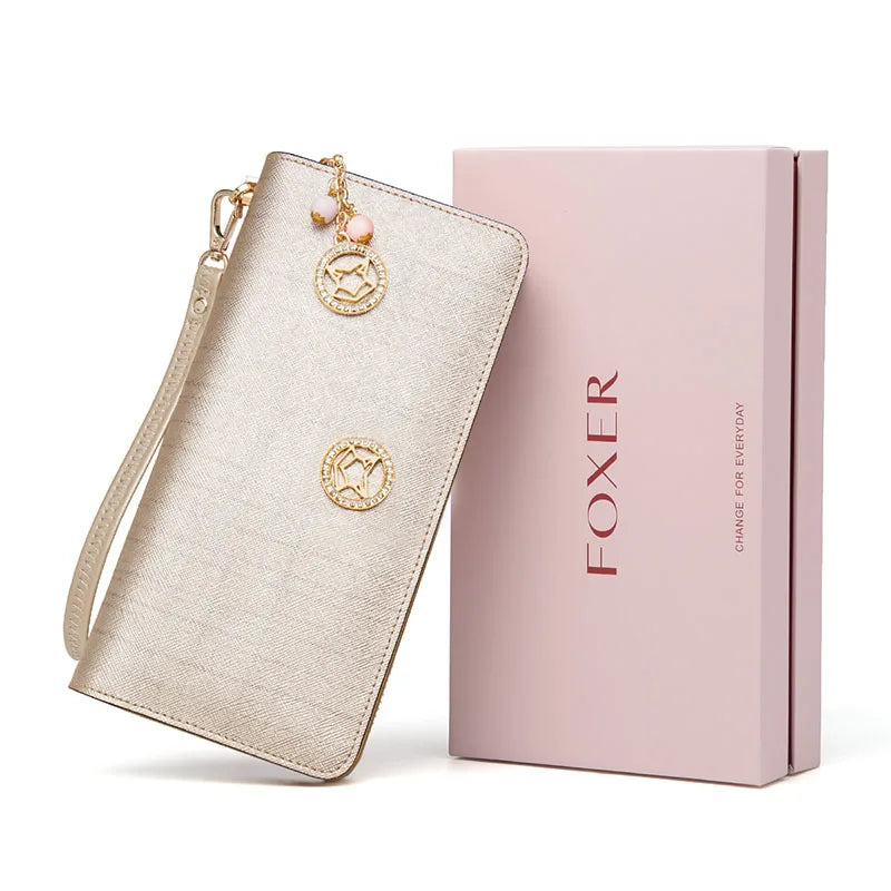 FOXER Brand Women Split Leather Wallet Simple Coin Purse Fashion Zipper Long Wallets Female Clutch Bag Multifunction Card HolderZellum