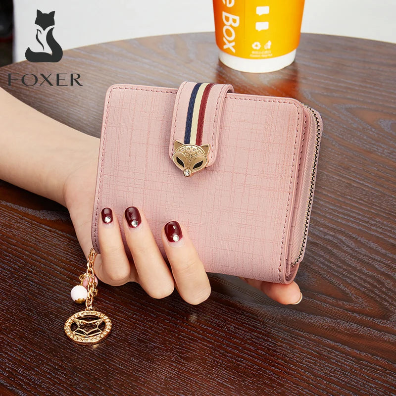 FOXER Card Holder Split Leather Women Wallet Designer Coin Purse Lady Zipper Wallet High Quality Cute Short Wallets With PendantZellum