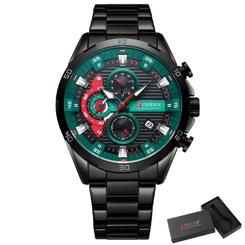 Relógio Masculino Elegante Curren Com Pulseira de Aço Preto Verde Aço Inox Premium - Zellum