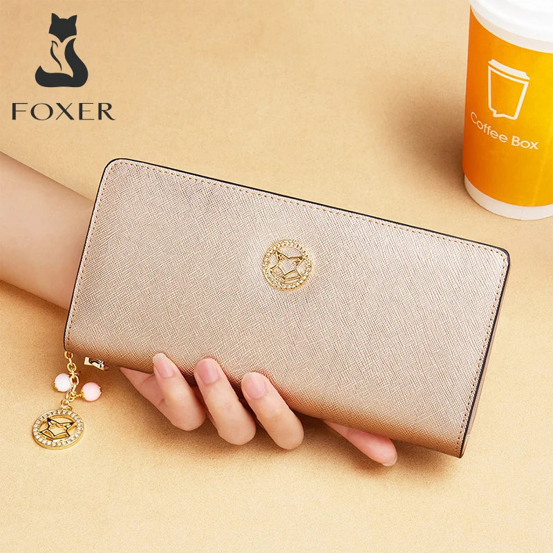 FOXER Brand Women Split Leather Wallet Simple Coin Purse Fashion Zipper Long Wallets Female Clutch Bag Multifunction Card HolderZellum